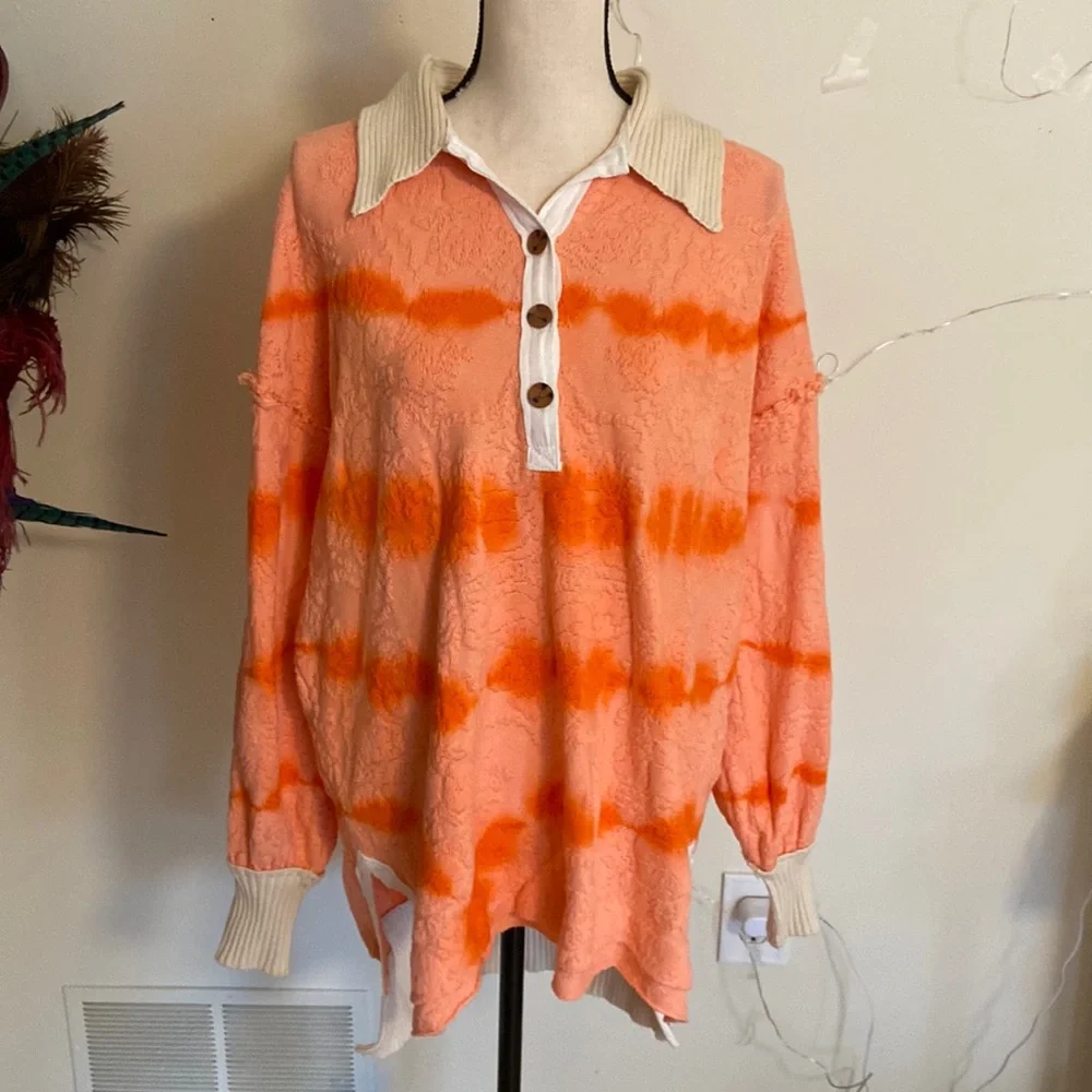NWOT - Free People Orange Polo Sweater Button size Small - Picture 2 of 7